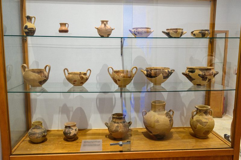 An ancient Greek geometric pottery piece from the 9th and 8th centuries BC displayed at the Archaeological Museum of Mykonos.