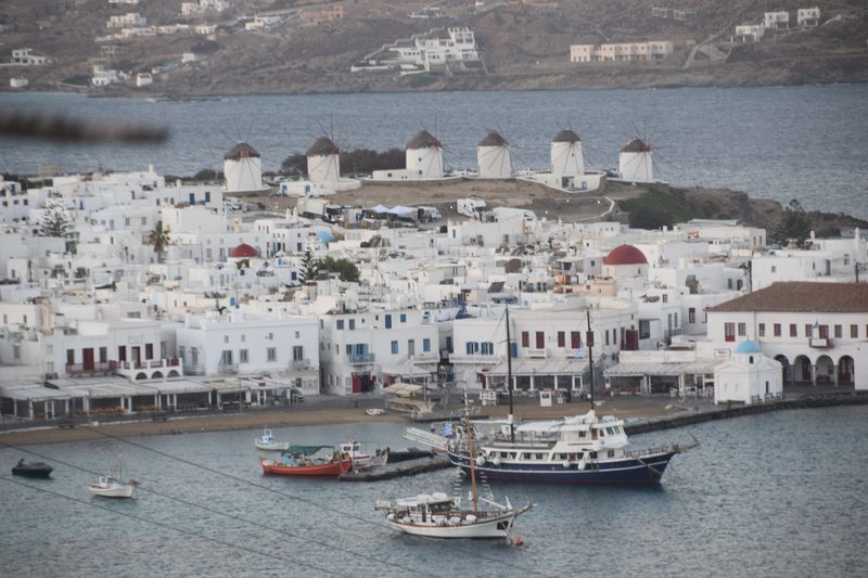 Aerial view of Mykonos Views Hotel and the scenic Cyclades archipelago in Greece.