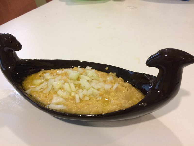 A bowl of fava, a traditional Greek dip, served in a Mykonos cooking class.